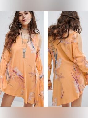 Free People Lightweight Floral Cold-Shoulder Tunic Dress in Peach Size XS